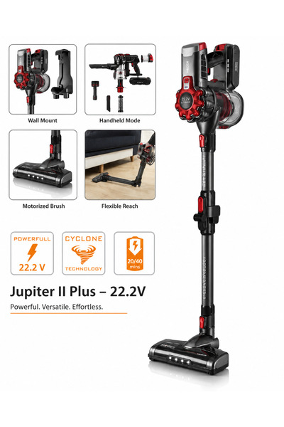 HAEGER Aspirator fără fir JUPITER II, Alimentare 22.2V, tub flexibil, autonomie de până la 40 min, Capacitate 600 ml, nivel de zgomot redus, filtrare ciclonică, Perie electrică cu LED, Negru