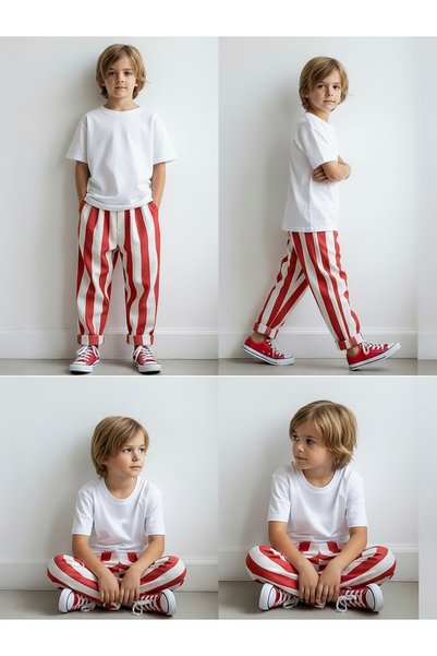 Catz Kids %100 Pamuk Erkek Çocuk Takım Kırmızı Beyaz Kalın Çizgili Carrot Pantolon + Ekru Penye Tshirt
