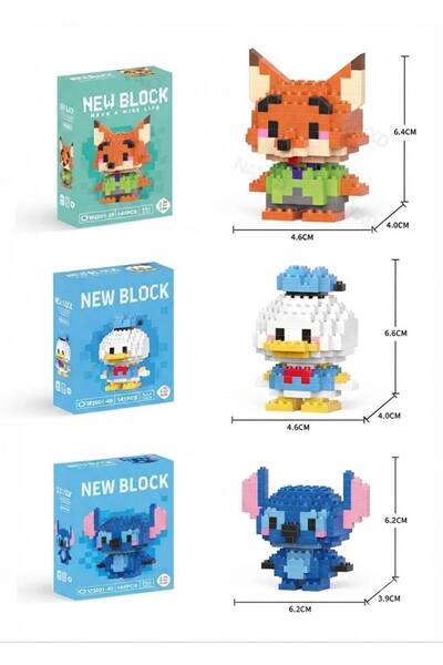 New Block Donald, Nick Wilde ve Stitch 3'lü Mini Blok Seti, Sevimli Karakterl...