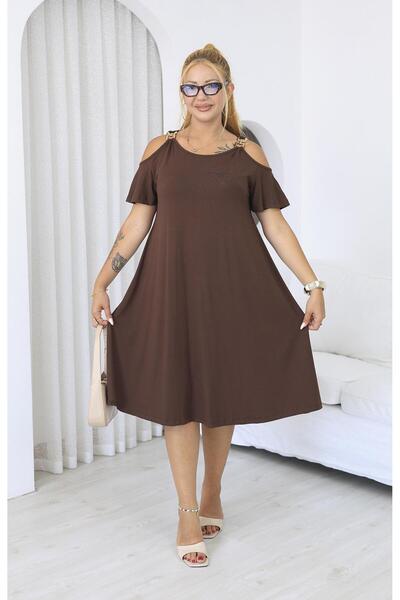 Siyezen Plus Size Cotton Lycra Dress with Gold Accessories on the Shoulders