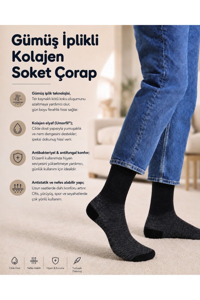 Göznuru Socks Unisex Kolajenli ve Gümüş Karışımlı Bambu Soket Çorap
