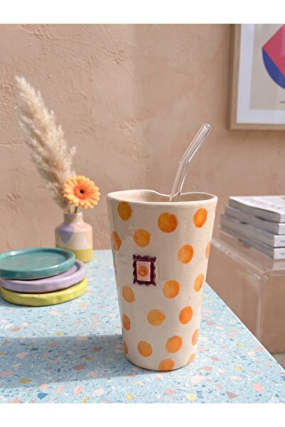 woness studio Puantiye Pipetli El Yapımı Seramik Kupa ( Pipet Hediye)