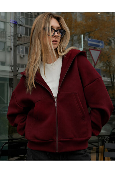 YAKAMEL KADIN OVERSİZE KAPÜŞONLU FERMUARLI HIRKA SWEATSHIRT