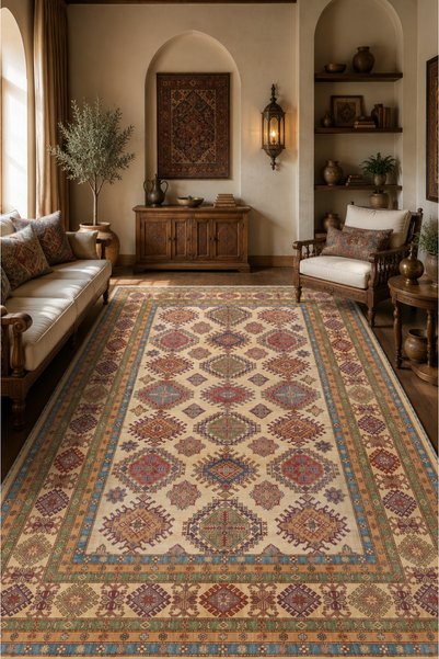 Fuly Consept Home Design Otantik Geometrik Desenli Saçaklı Yolluk Halı Krem T...