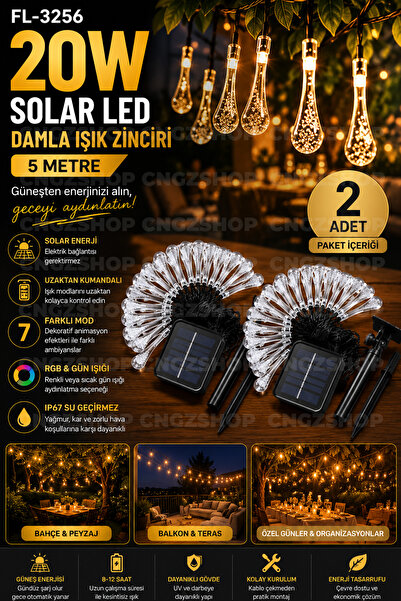 CNGZSHOP FL-3256 20W Solar LED Damla Işık 2 Adet Zinciri 5 Metre IP67 Uzaktan Kumandalı 7 Mod RGB ve Gün Işığ