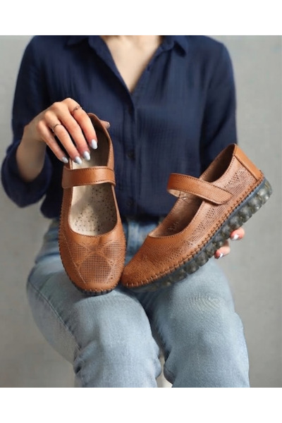 Enes Ayakkabıcılık Women's Velcro Patterned Daily Comfortable Ballerina Shoes