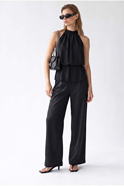 Mixray 2203 Set de damă cu guler halter și talie elastică, cu pantaloni palaz...