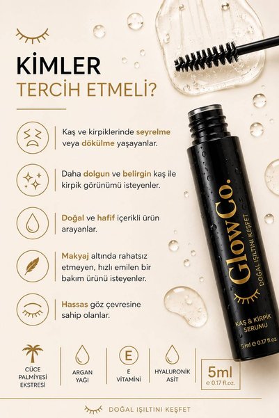 GlowCo. Eyebrow & Eyelash Care Serum / Repairing, Nourishing, and Strengthening with Vitamin E, Argan Oil, Special Dwarf Palm Extract, and Natural Oil Content
