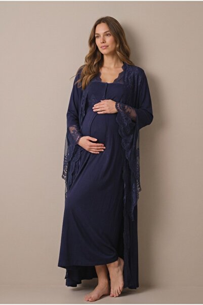 Pelin Women's Navy Blue Lace New Season Special Design 2-Piece Maternity Nigh...