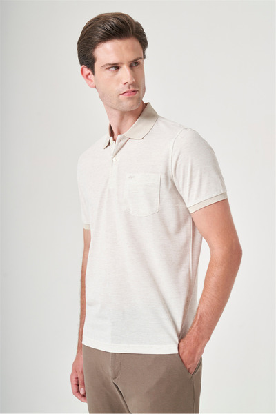 İmza Ecru-Brown Knitted Polo Collar Short Sleeve Pocket Comfort Fit Cotton T-...