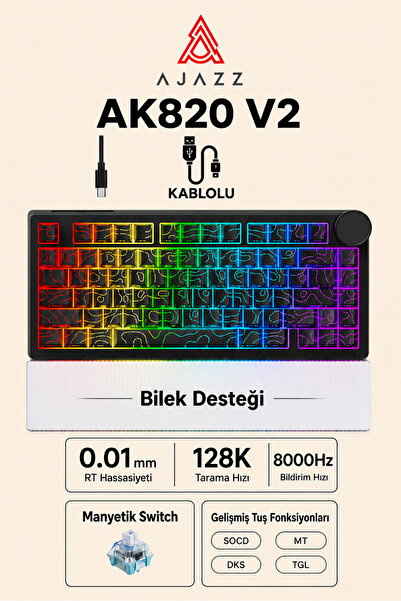 Ajazz AK820 V2 Manyetik Switch Kablolu Oyuncu Klavyesi 8000Hz Rapid Trigger R...