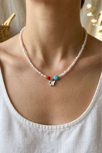 Zambak Jewelry Kadın Kelebek Desenli Nazar Boncuklu El Yapımı Kolye