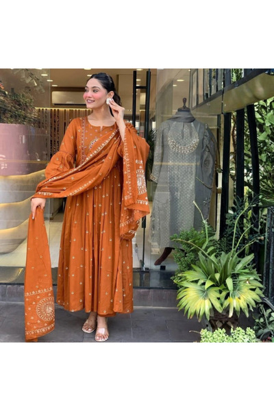 MYSMAR Orange Cotton Salwar Kameez Dupatta - ALV2065 | Orange-Size-M-38-Inches