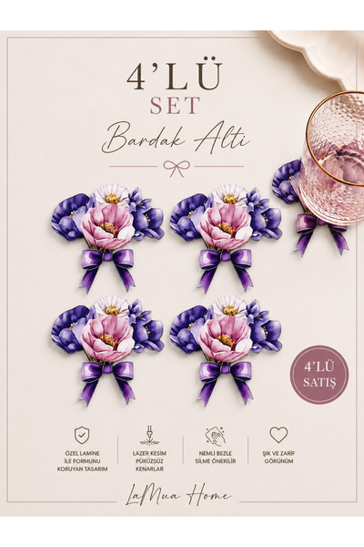 LAMUA HOME Lavender Çiçek Buketi Desenli 4 Lü Bardak Altlığı Set 15 x 15 cm -...