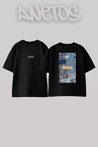 Anetos Patterned Blue Hali Design Back Printed Cotton Black Oversize T-Shirt
