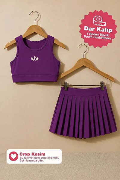 ZUZUNGA Girl's Plum Color Pleated Crop Shorts Skirt Bottom - Top Set