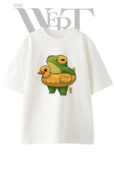 THEWERT Μπλουζάκι Frog Duck_1 με στάμπα σχεδίου, Unisex, λευκό, oversized