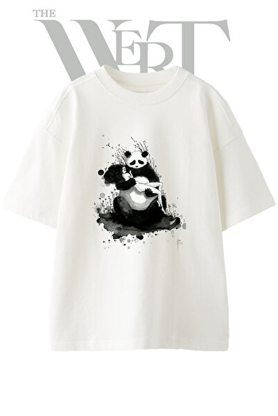 THEWERT Panda Woman Design Printed Unisex White Oversize T-Shirt