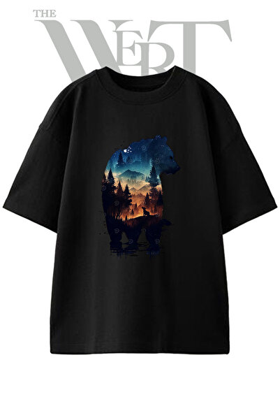 THEWERT Bear Forest Wolf Design Printed Unisex Black Oversize T-Shirt