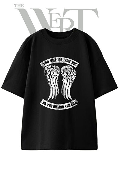 THEWERT Daryl Wings Design Printed Unisex Black Oversize T-Shirt
