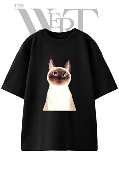 THEWERT Μπλουζάκι Siamese Cat_1 με στάμπα σχεδίου, Unisex, Μαύρο, Oversize