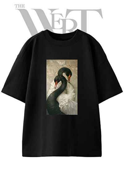 THEWERT Black White Swans Design Printed Unisex Black Oversize T-Shirt