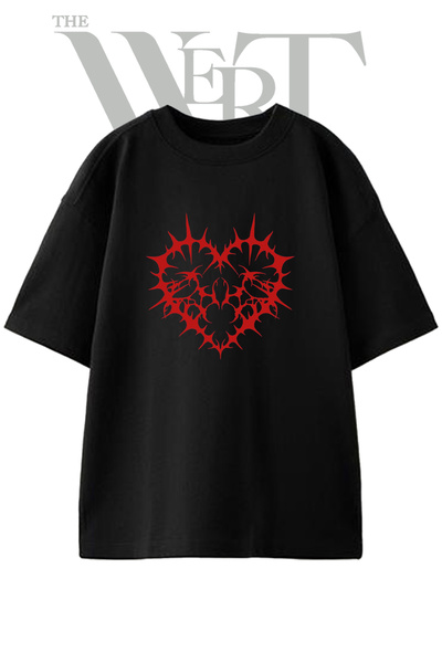 THEWERT Heartless Emblem Design Printed Unisex Black Oversize T-Shirt
