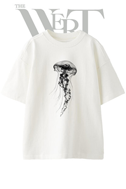 THEWERT Jellyfish Design Printed Unisex White Oversize T-Shirt