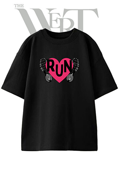 THEWERT Run Heart Sole Design Printed Unisex Black Oversize T-Shirt