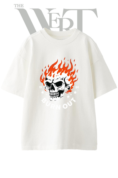 THEWERT Μπλουζάκι με σχέδιο Fire Skull, τυπωμένο Unisex λευκό oversize