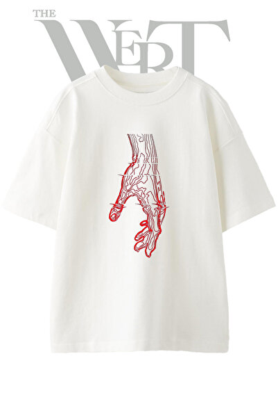 THEWERT Contour Hand Design Printed Unisex White Oversize T-Shirt