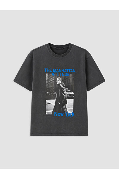 LC Waikiki Anthracite Printed 100% Cotton Oversize Women's T-Shirt