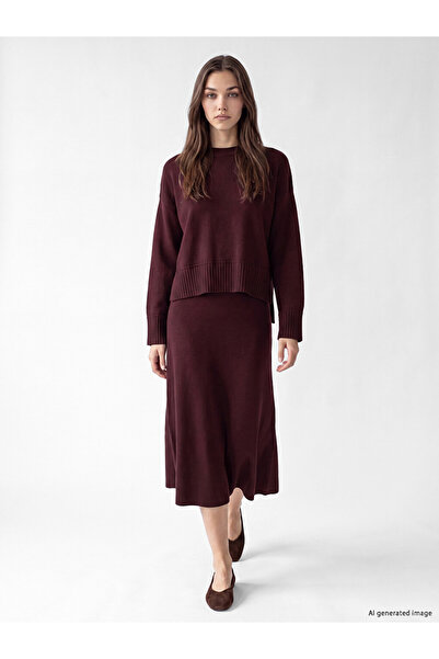 LC Waikiki Burgundy Elastic Waist A-Line Knitwear Skirt