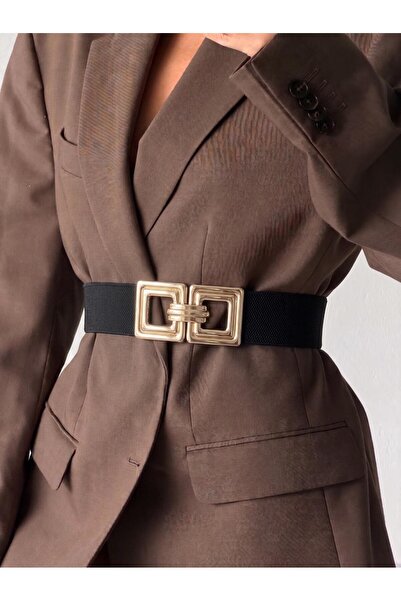 Fiori Gold Buckle Interlocking Elastic Women's Belt, Jacket Belt, Shirt Belt,...