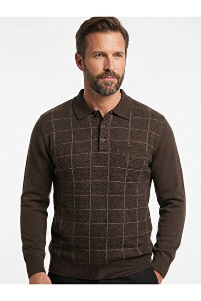 ONNO Men's Polo Collar Tricot Sweater with Elastic Waist, Steel Knitting, Cla...