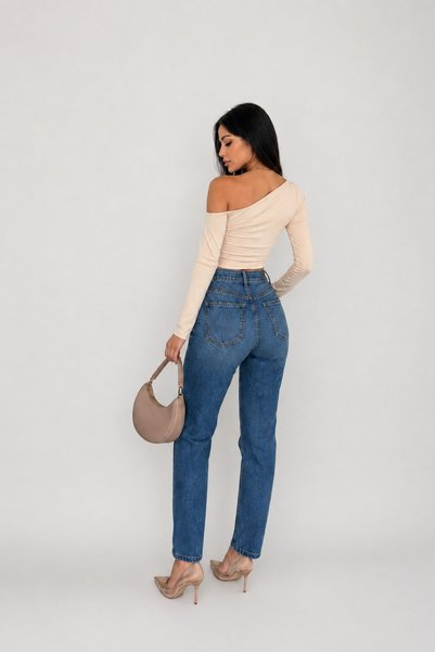 SHEVEGA Mavi Yüksek Bel Diz Yırtık Detaylı Tint Yıkama Boyfriend Mom Jean Kot Pantolon