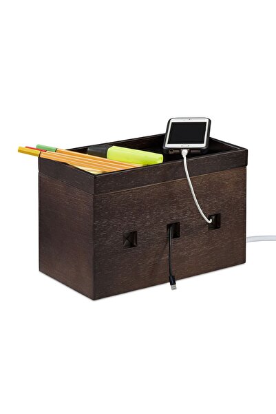 Relaxdays Bamboo Cable Box Dark Brown, Dark Brown, 16.5x14x25.5 cm