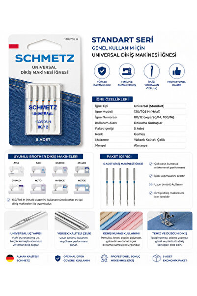 SCHMETZ Universal Dikiş Makinesi İğnesi 80/12 130/705 H (HAx1) | Brother Ev T...