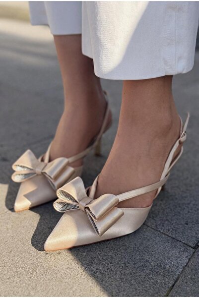 I Love Shoes Brakel Stiletto Beige Satin with Bow Detail