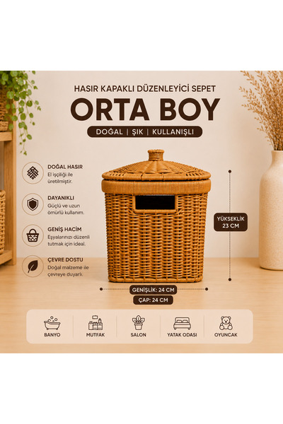 SELÇUK Lüks Hasır Kapaklı Düzenleyici Sepet – Orta Boy Kare