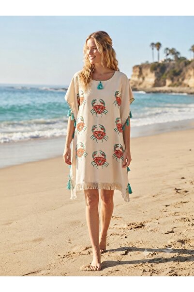 Türkiş Otantik Crab-Printed Woven Pareo with Tassels