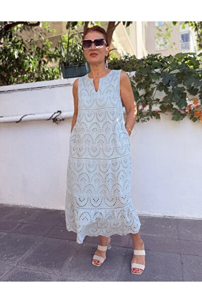 DenizEge Kolberli Lined Brode Long Dress Cyan