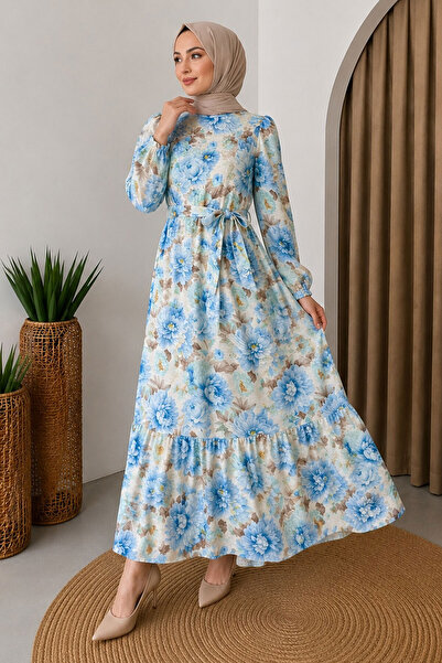 Tesettür Dünyası Peony Patterned Skirt Flounce Dress Tsd260257 Blue
