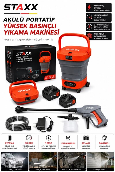 STAXX POWER Yeni Nesil 21V x2 Akülü Portatif Basınçlı Yıkama Makinesi 70 Bar ...