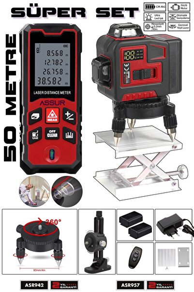 ASSUR Lazer Metre + 360° 12 Köşe Otomatik Hizalamalı Yeşil Çizgili Su Terazil...