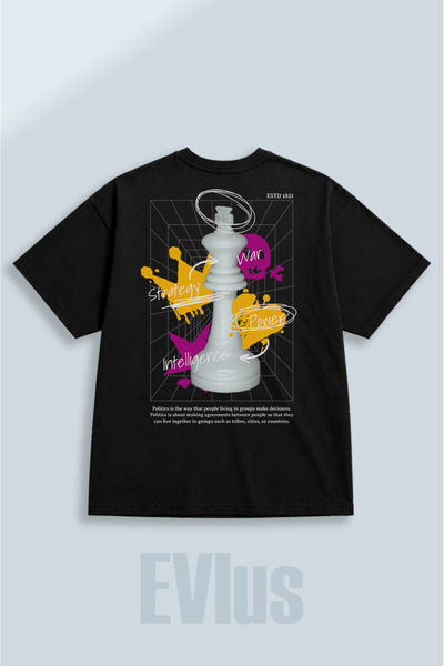 EVIus Tricou negru oversize cu imprimeu cu pioni de șah, 100% bumbac, cu deco...