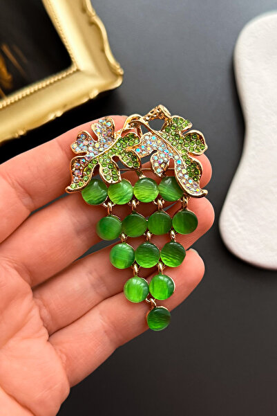 MADAM PEONY Kadın Yeşil Üzüm Salkımı Tasarımlı Kristal Taşlı Sallantılı Vintage Broş Yaka İğnesi