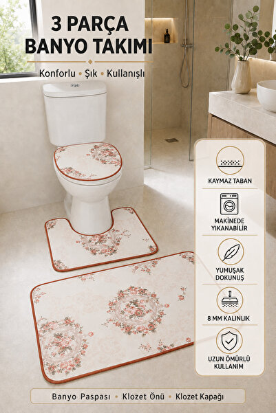 3’lü Banyo Paspası Halısı Seti Kaymaz Tabanlı Yıkanabilir Klozet Takımı(Vintage Çiçekli)