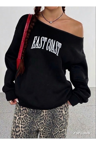FUFLUNS East Coast Printed Oversized Women's Boat Neck Sweatshirt