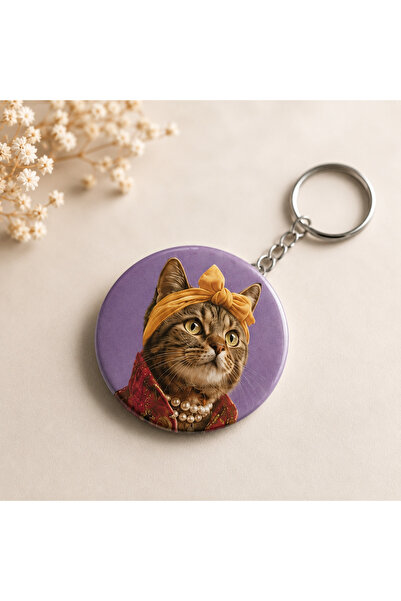 Lila Tabanlı Vintage Kedi Anahtarlık - Sevimli Hediyelik Çanta Süsü & Anahtarlık -Arkası Metal Açacak (58 mm)